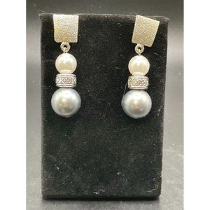 Silvertone Rectangle Faux Pearl Grey Dangle/Drop Earring Length 1.75 Inches
